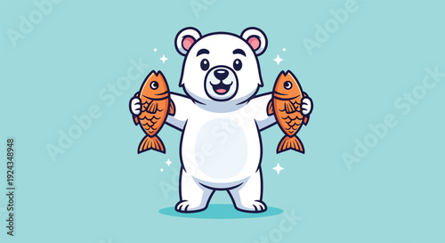 Cute Polar Bear Holding Two Fresh Fish Cartoon Illustration.