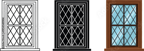 Collection of leaded glass window illustrations featuring outline silhouette and colored versions for architectural design and historical concepts