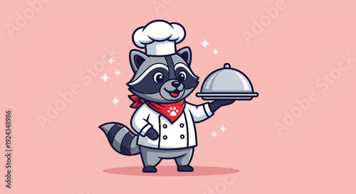 Cute Raccoon Chef Serving Delicious Food Illustration.