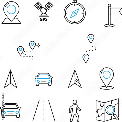 Navigation and GPS Location Icon Set: Map Pins, Satellite, Compass, and Route Tracking Line Art