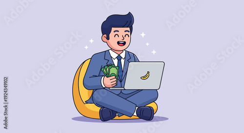 Happy businessman earning money online with laptop Vector illustration.
