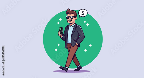 Happy Businessman Walking with Money and Dollar Sign Bubble.
