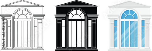 Collection of classical architectural windows featuring neoclassical design elements in outline black and color variations for building facades
