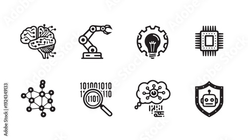 Technology Icons Set: Brain Robot Arm Lightbulb Chip Network Binary Code AI Cloud Shield
