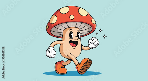 Happy Mushroom Character Walking with Sparkles.