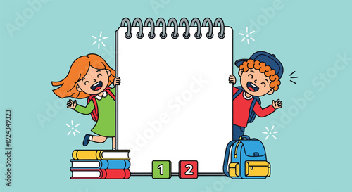 Happy School Children with Blank Notebook and Backpacks.