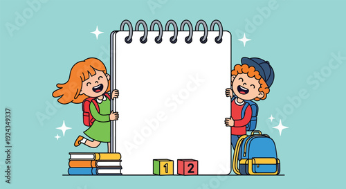 Happy School Children with Blank Notebook and School Supplies Vector illustration.