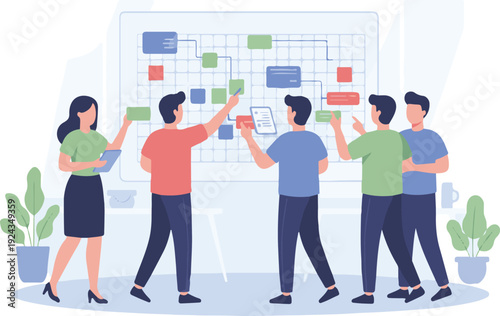 Diverse team of professionals planning project on a Kanban board with sticky notes