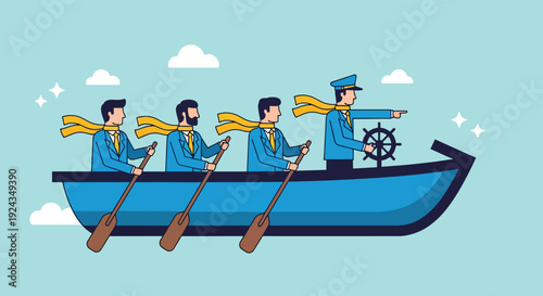 Leadership and teamwork in a boat with a captain and rowers.