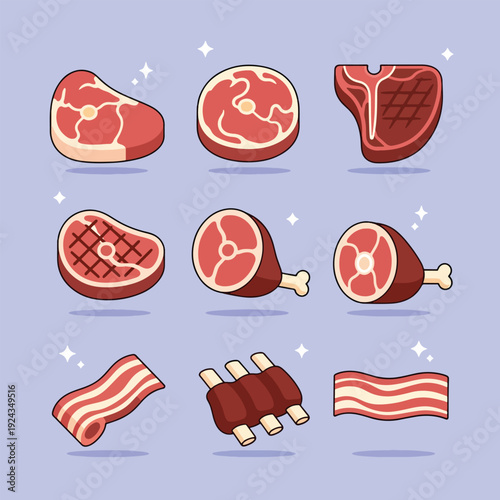 Various cuts of fresh meat including steak ribs and bacon.