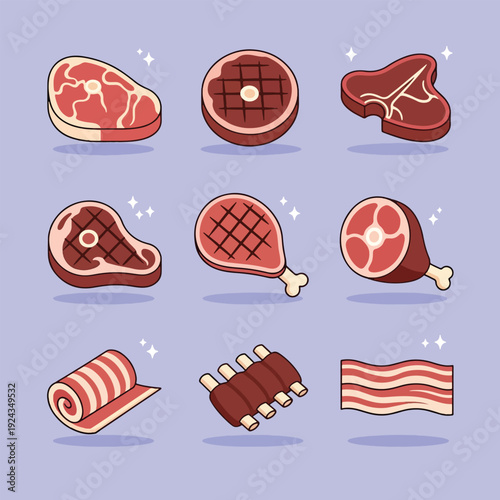 Various cuts of fresh meat including steak ribs and bacon arranged on a light background.