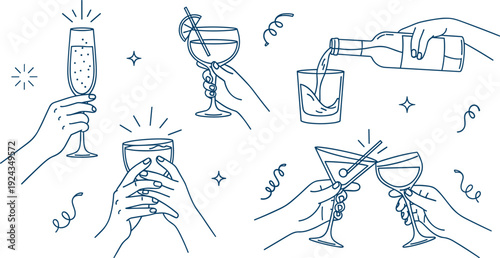 A series of illustrations depicting the process of opening a champagne bottle
