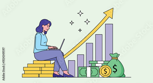 Woman working on laptop with financial growth chart and money Vector.