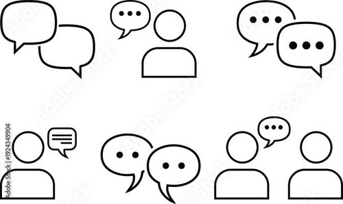 A collection of simple line art icons depicting people communicating with speech bubbles