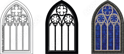 Gothic arched window designs including outline silhouette and stained glass variations for architectural illustration and historical concepts