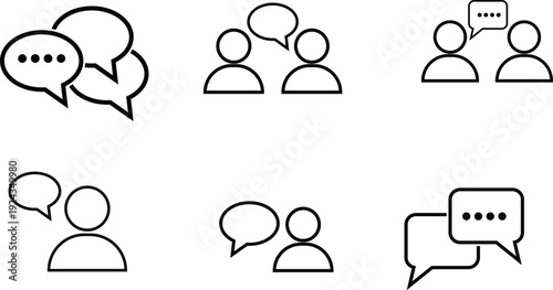 A collection of six black and white line art icons depicting people communicating
