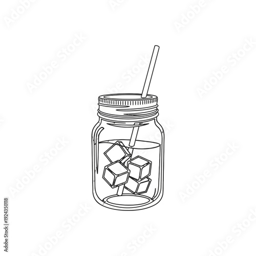 Simple Mason Jar Beverage with Ice Cubes and Straw in a Refreshing Cold Drink.