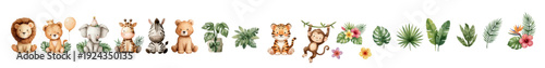 Safari nursery animals with tropical plants and florals. Hand painted Watercolor Jungle Birthday party. Collection of Vector illustrations. Perfect for invitation, card, poster, banner, decoration
