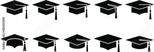 A set of ten black graduation caps with tassels on a white background