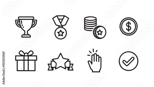 Trophy Medal Coins Gift Star Click Checkmark Icons Representing Success and Rewards