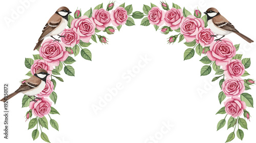 Birds perched on an archway of pink roses and green leaves on white background