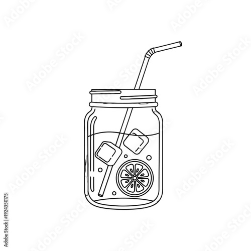Refreshing citrus lemonade in a mason jar with ice and a straw, a crisp summery drink illustration.
