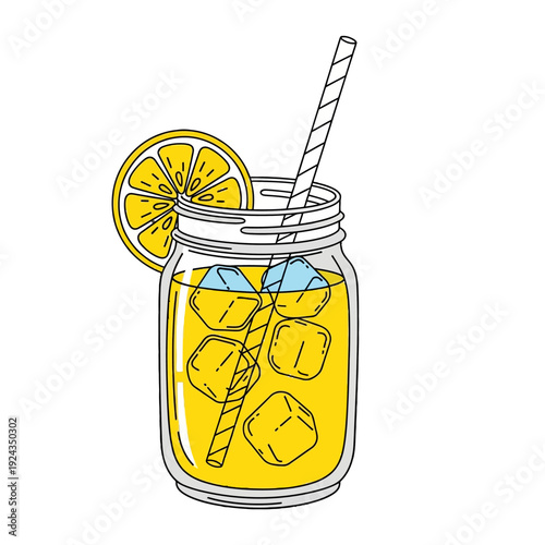 Refreshing lemon juice in a glass jar with ice and straw for a cooling beverage.