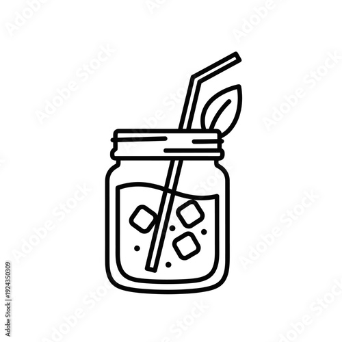 Hand-drawn glass jar beverage with ice and straw, ready for a refreshing drink illustration.
