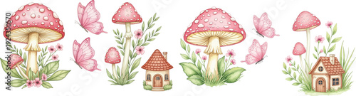 Whimsical illustration of pink mushrooms and fairytale houses in a lush garden setting with flowers