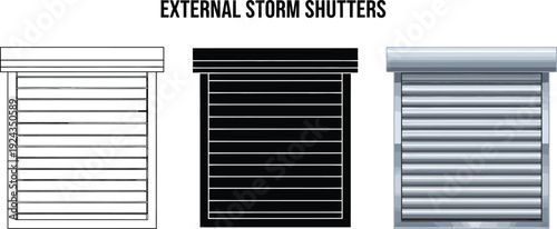Collection of external storm shutters in white black and silver vector illustrations for home security and weather protection concepts