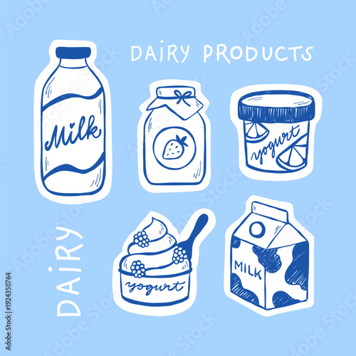 Hand-drawn vector sticker set of dairy products isolated on blue background. Sketch illustration of milk bottle, yogurt in different packages for logo, web, advert. Minimalist clip art.