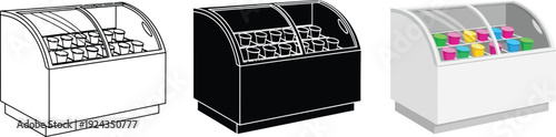 Set of three refrigerator display cases including line art solid black and white versions for showcasing products like ice cream or drinks