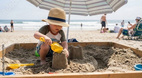 Toddler in sun hat playing in wooden sandbox on sunny beach near ocean waves under striped parasol.