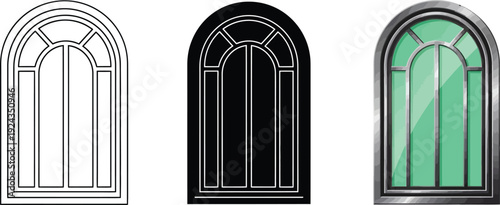 Collection of arched window icons featuring outline silhouette and realistic styles for architectural design and graphic elements