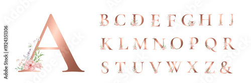 Tableau sur toile Hand Painted Rose Gold Floral Alphabet, Watercolor Botanical Monogram Letters Set