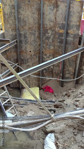 Underground  works.Smooth camera movement: Pan Right. View of the installation of new fibre optic networks and other services in the city of Barcelona. Vertical format