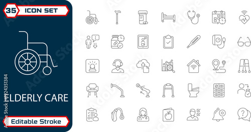 Senior Care and Assistance Minimal Outline UI Icons for Healthcare App and Caregiver Dashboard Editable Stroke EPS Vector