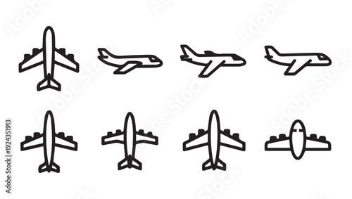 Airplane Icons Collection Jet Aircraft Views Travel Transportation Symbols Vector