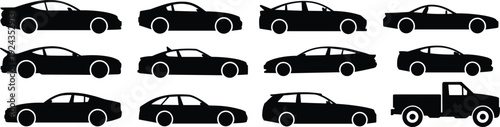 Car silhouettes illustration, sedan coupe hatchback SUV pickup truck outline, automotive design reference, vehicle profile sketch, transportation study artwork