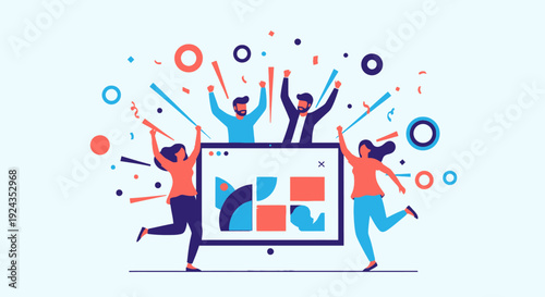 Dynamic Team Achievement Celebrating Digital Success with Joyful Collaboration and Project Milestones