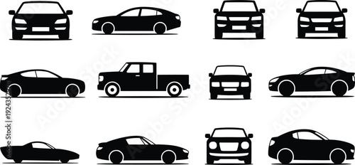 Car silhouettes illustration, sedan coupe SUV hatchback truck outline, automotive design reference, vehicle profile sketch, transportation study artwork, diverse automobile models