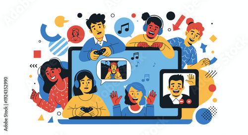 Diverse Group of Friends Enjoying Virtual Social Interaction and Digital Entertainment Online via Laptop Screens and Devices