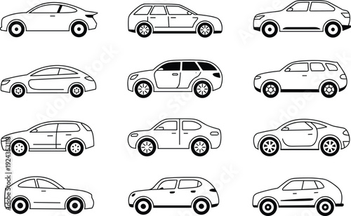 Car silhouettes illustration, sedan hatchback SUV crossover outline, automotive design reference, vehicle profile sketch, transportation study artwork, diverse automobile model comparison