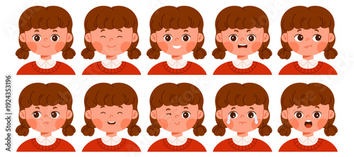 Set of cute girl character with different facial expressions. Child avatar with various emotions as happy, sad, surprised, angry, confused and smiling. Isolated vector illustration in cartoon style