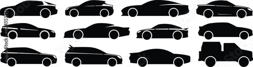 Car silhouettes illustration, sedan SUV hatchback coupe sports car truck outline, automotive design reference, vehicle profile sketch, transportation study artwork