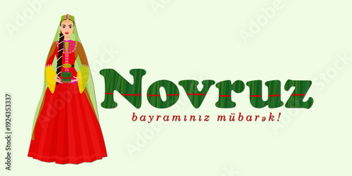 Novruz Bayram greeting card. Vector illustration of a girl in Azerbaijani traditional dress with Semeni and sweets. Spring equinox celebration vector with traditional ornaments on green background