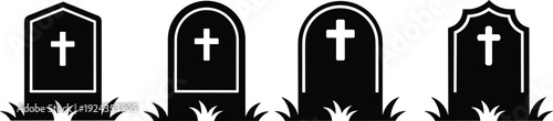 Cemetery tombstone silhouettes with cross symbols, grave markers set, memorial icons, spooky halloween theme, funeral burial concept, isolated vector illustration
