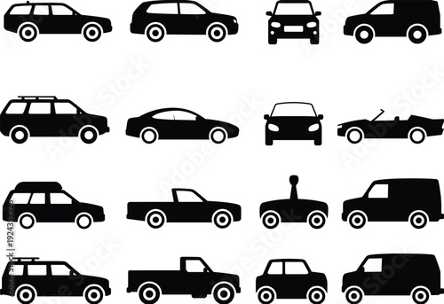 Collection of black car silhouettes icons set, various vehicle types SUV sedan pickup van coupe isolated on white background