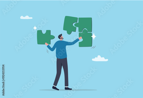  Solve puzzle problem, think of solution, finish or accomplishment, creativity idea or challenge, connect jigsaw piece to resolve work or business trouble, complete jigsaw puzzle
