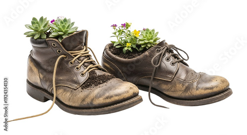 The second life of things - mini flower beds made from brown leather boots with flowers inside on a white background